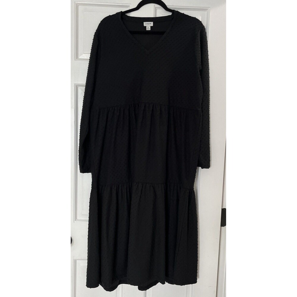 J Crew Midi Dress XL Black Tiered Swiss Dot Preppy Cottage Core Lightweight